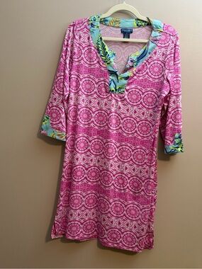 Caribbean Joe Pink Patterned Long Sleeve Tunic Dress with Blue Floral Trim